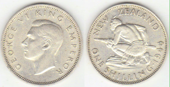 1944 New Zealand silver Shilling (aEF) A0002550